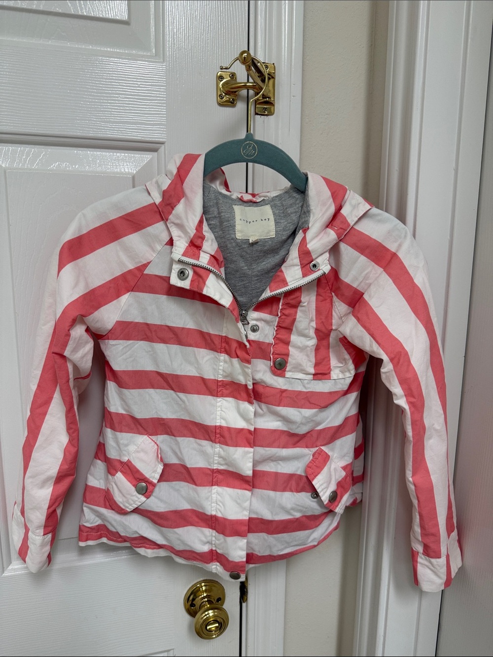 Copper Key Pink and White Striped Hooded Rain Jacket